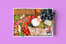 Load image into Gallery viewer, A colourful assortment of artisan cheeses, grapes, strawberries, kiwi, cherry tomatoes, dried apricots, turkey rolls, smoked salmon, nuts, crackers and sliced baguette arranged within a white rectangular box