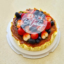 Load image into Gallery viewer, Splatter&#39;s homemade basque burnt cheesecake topped with premium mixed berries and a happy birthday acrylic topper