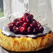 Load image into Gallery viewer, Splatter&#39;s homemade basque burnt cheesecake topped with premium fresh dark cherries