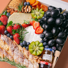 Load image into Gallery viewer, An array of Splatter&#39;s Cheese &amp; Fruit Platter ingredients neatly arranged inside a white square box.